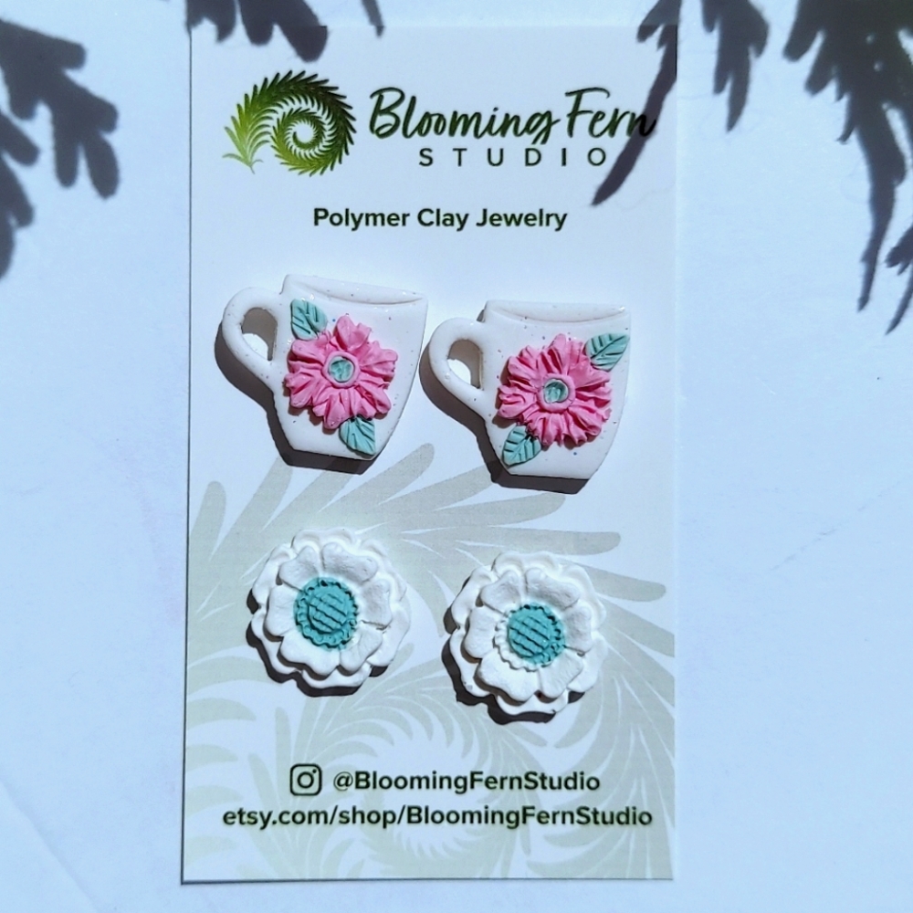 Cup & flower clay  stud earrings pack